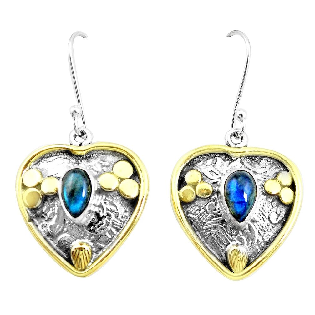 4.21cts natural blue labradorite 925 silver two tone heart earrings p21673