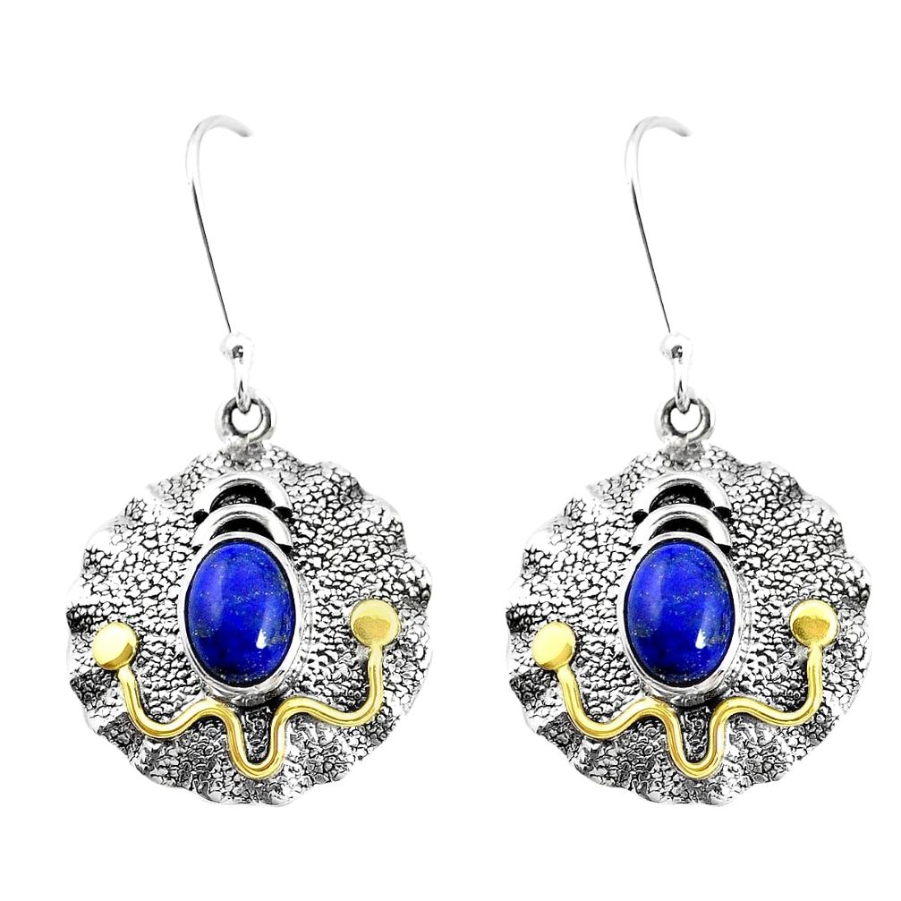 4.70cts natural blue lapis lazuli 925 silver two tone dangle earrings p21682