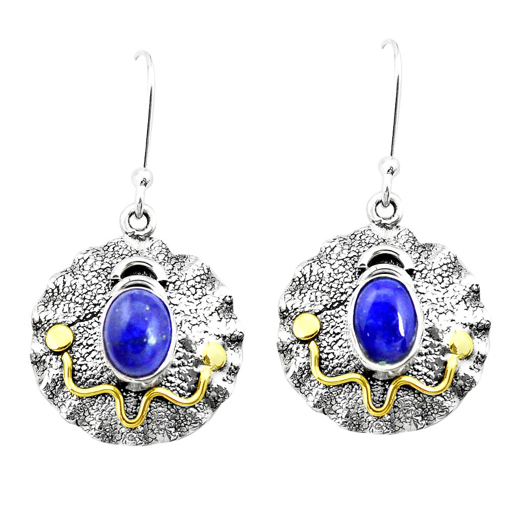 4.71cts natural blue lapis lazuli 925 silver two tone dangle earrings p21683