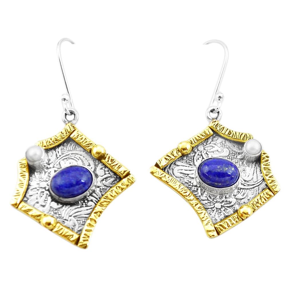 925 silver 5.00cts natural blue lapis lazuli two tone dangle earrings p21724