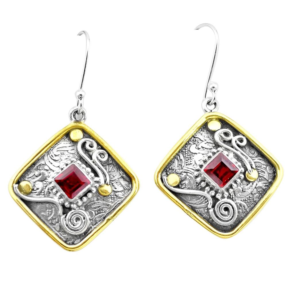 3.08cts natural red garnet 925 sterling silver two tone dangle earrings p21729