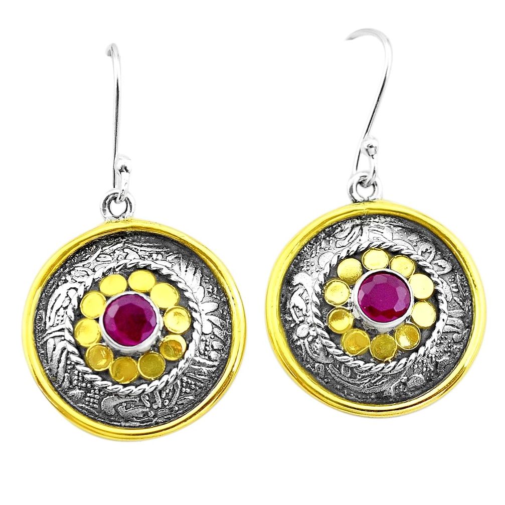 925 sterling silver 2.07cts natural red ruby two tone dangle earrings p21752