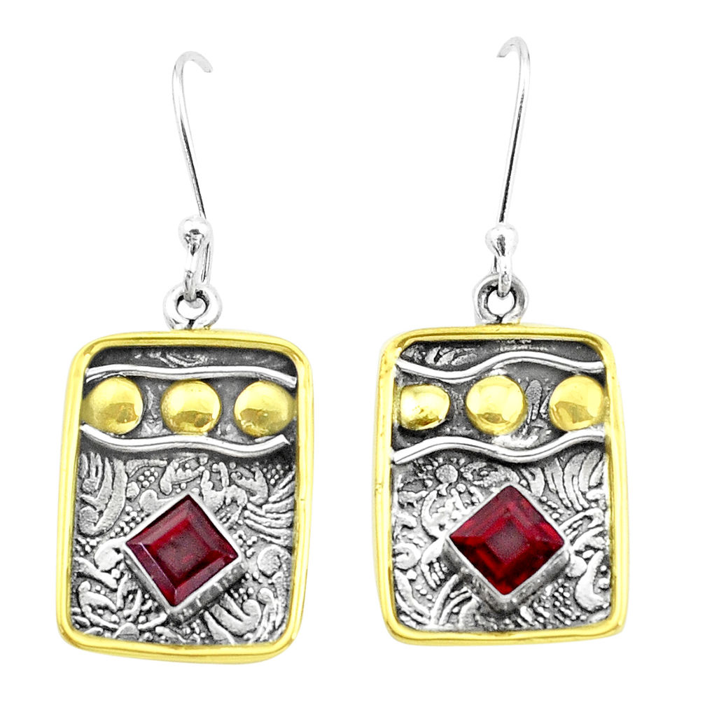 3.29cts natural red garnet 925 sterling silver two tone dangle earrings p21803
