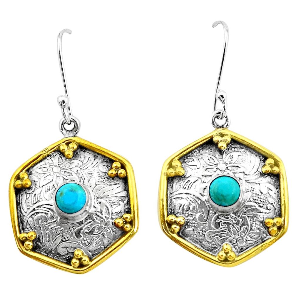 1.81cts blue arizona mohave turquoise 925 silver two tone dangle earrings p21823