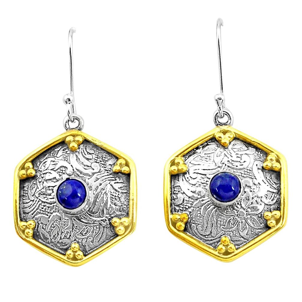 1.86cts natural blue lapis lazuli 925 silver two tone dangle earrings p21831