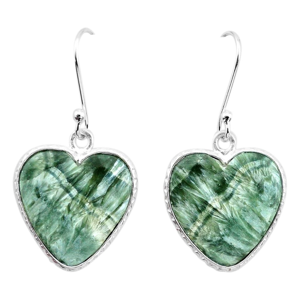 11.74cts natural green seraphinite (russian) 925 silver heart earrings p22959