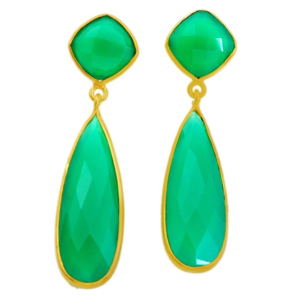 26.62cts natural green chalcedony 925 silver 14k gold dangle earrings p23871