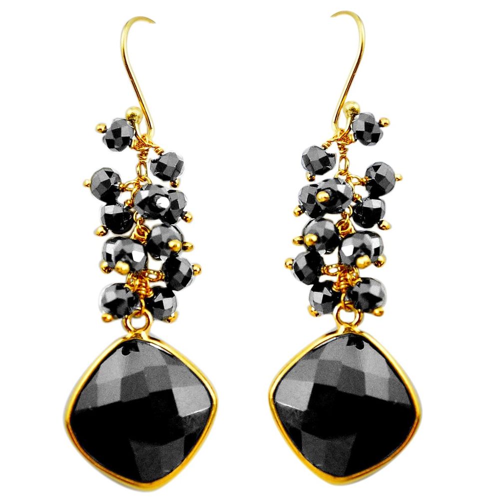 26.98cts natural black onyx 925 sterling silver 14k gold dangle earrings p23920