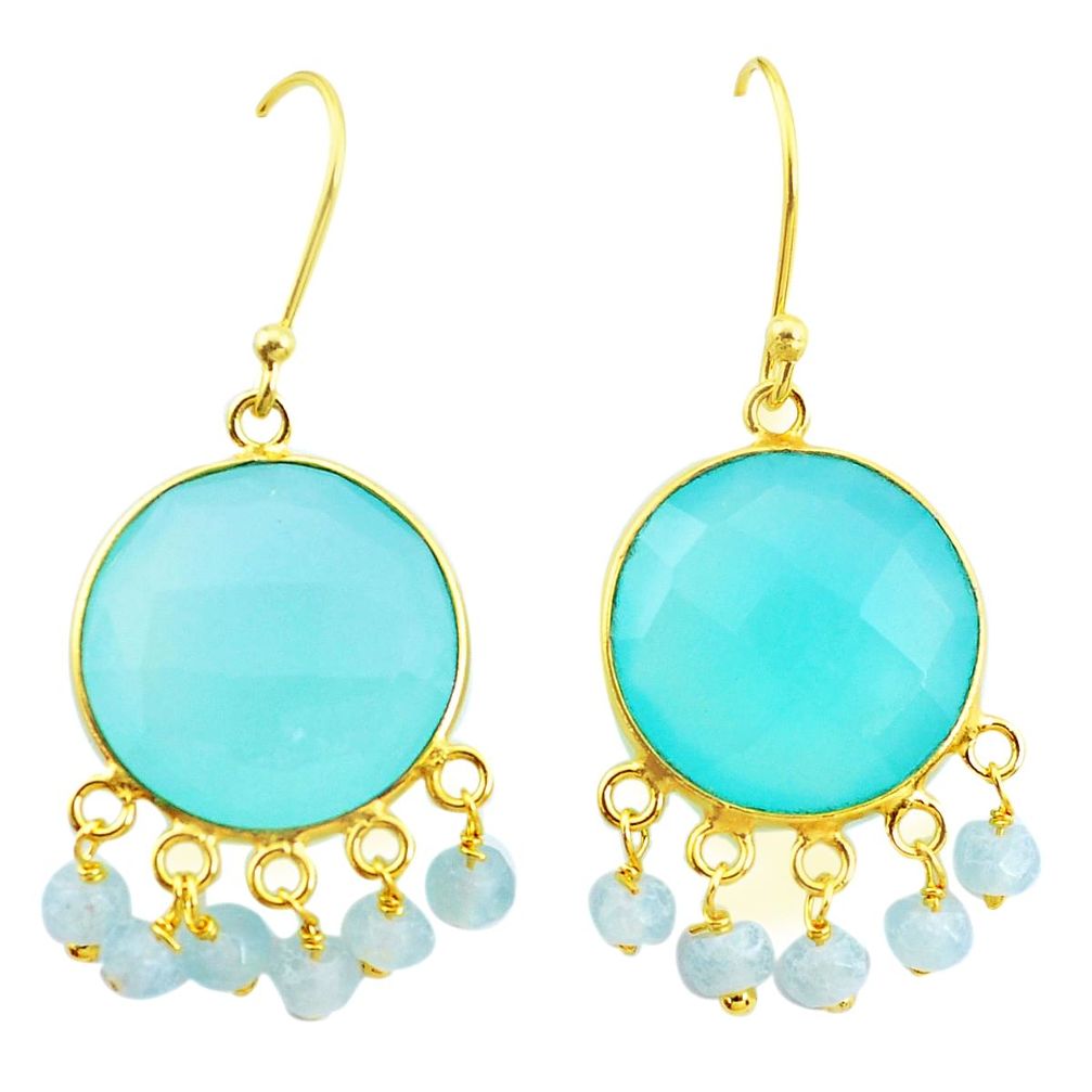 20.35cts natural aqua chalcedony 925 silver 14k gold chandelier earrings p23938