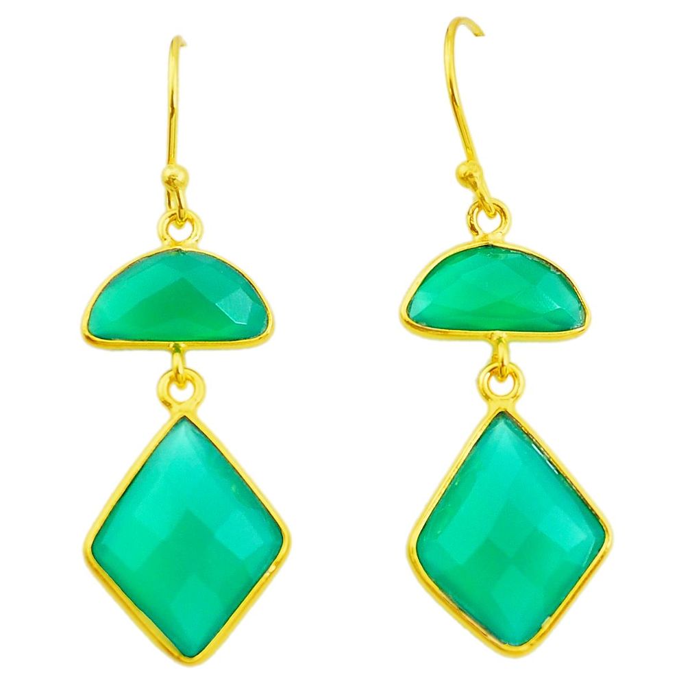 13.36cts natural green chalcedony 925 silver 14k gold dangle earrings p23965