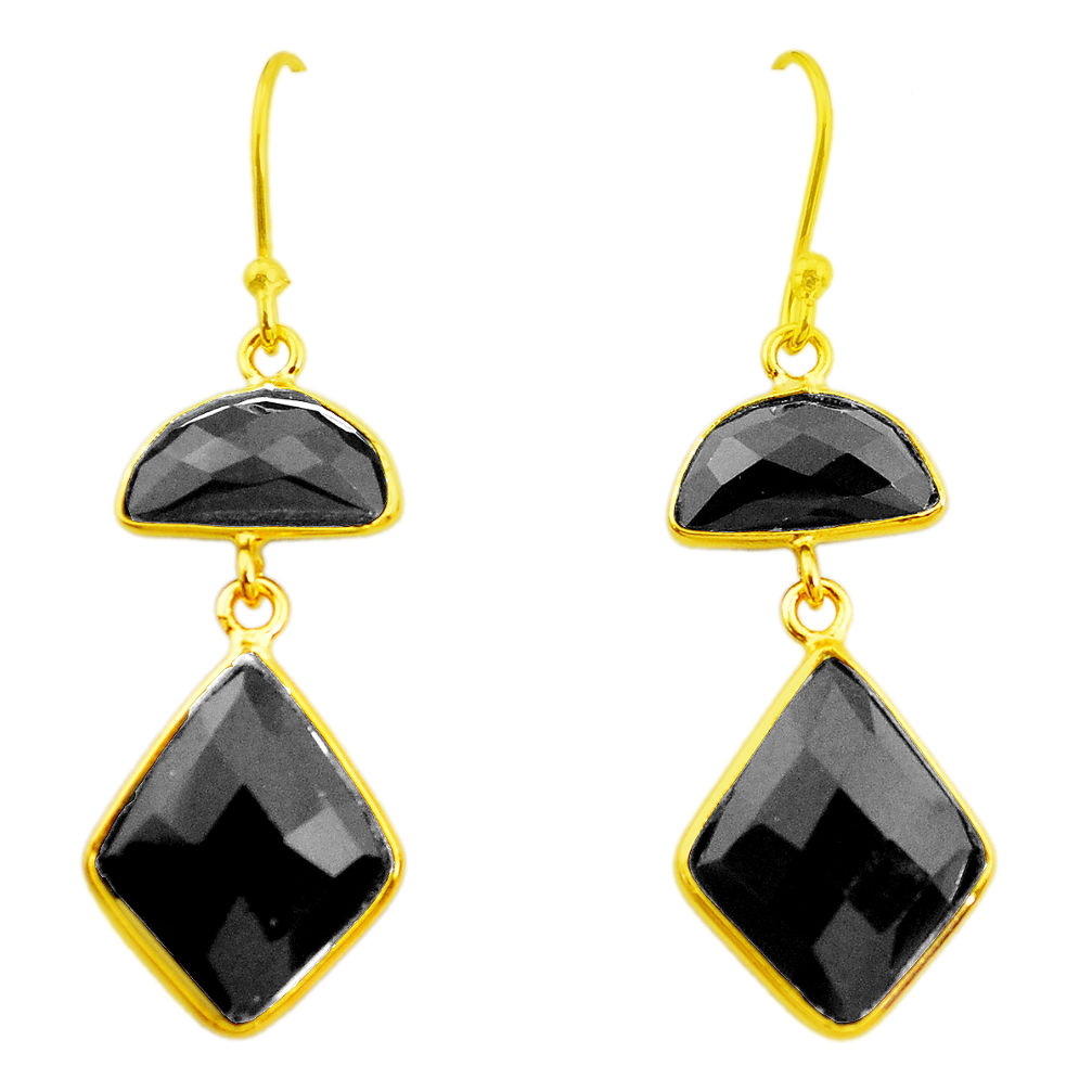 13.39cts natural black onyx 925 sterling silver 14k gold dangle earrings p23967