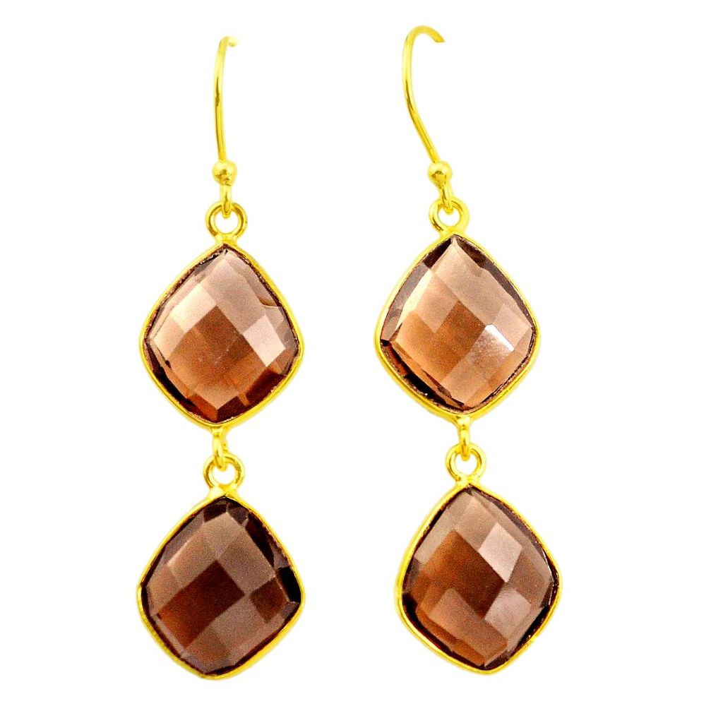 16.38cts brown smoky topaz 925 sterling silver 14k gold dangle earrings p23971