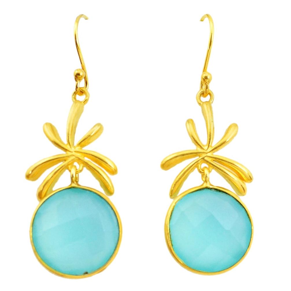 19.29cts natural aqua chalcedony 925 silver 14k gold dangle earrings p23991