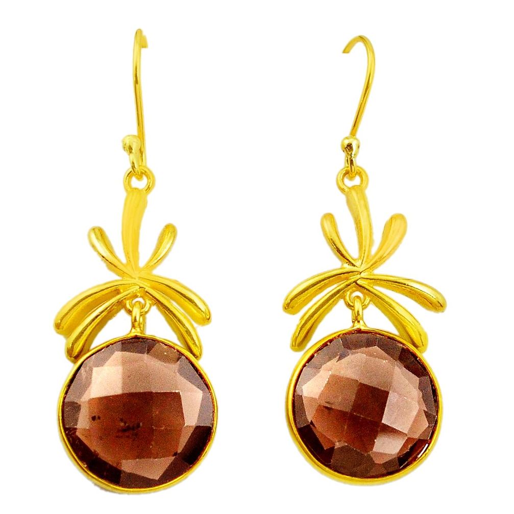 18.64cts brown smoky topaz 925 sterling silver 14k gold dangle earrings p23995