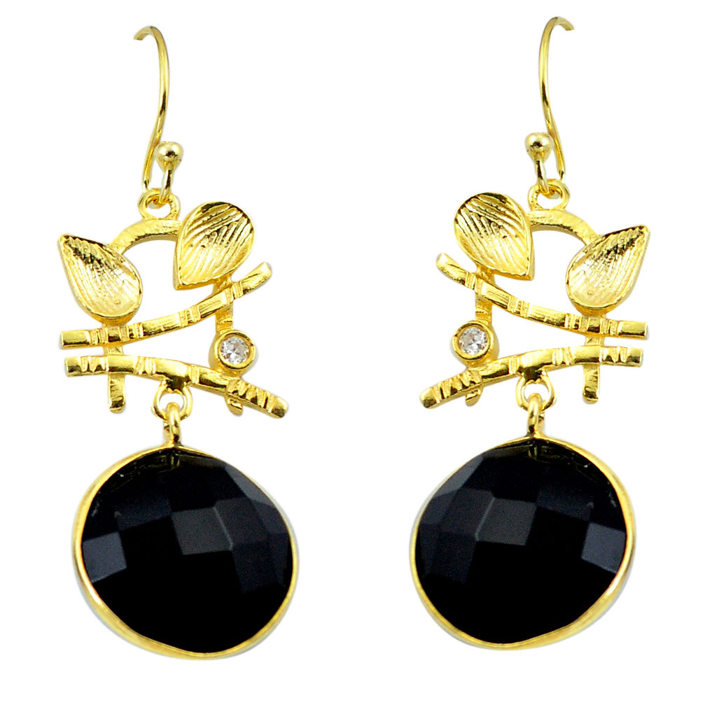 15.29cts natural black onyx topaz 925 silver 14k gold leaf earrings p24043