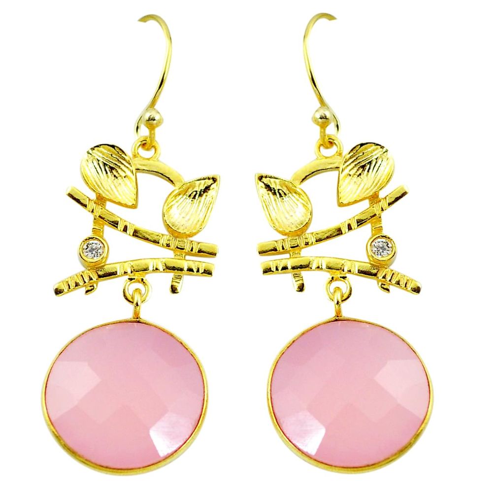 18.30cts natural pink chalcedony 925 silver 14k gold leaf earrings p24049