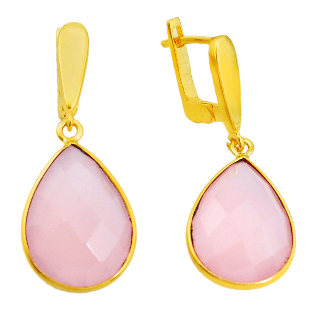 19.63cts natural pink chalcedony 925 silver 14k gold dangle earrings p24060