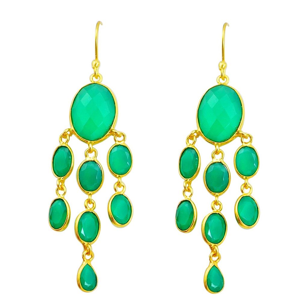 20.04cts natural green chalcedony 925 silver 14k gold chandelier earrings p24065