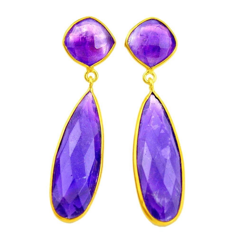 27.62cts natural purple amethyst 925 silver 14k gold dangle earrings p24486