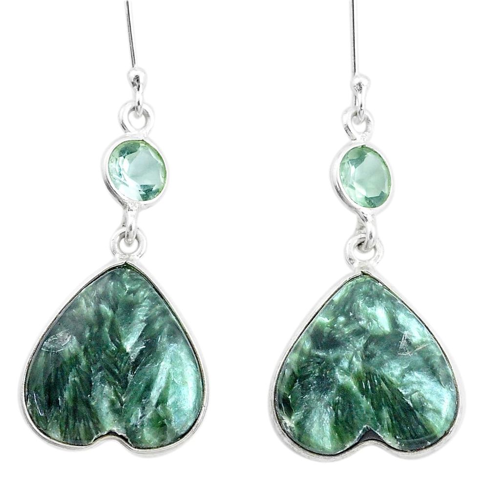 17.08cts natural green seraphinite (russian) 925 silver heart earrings p24636