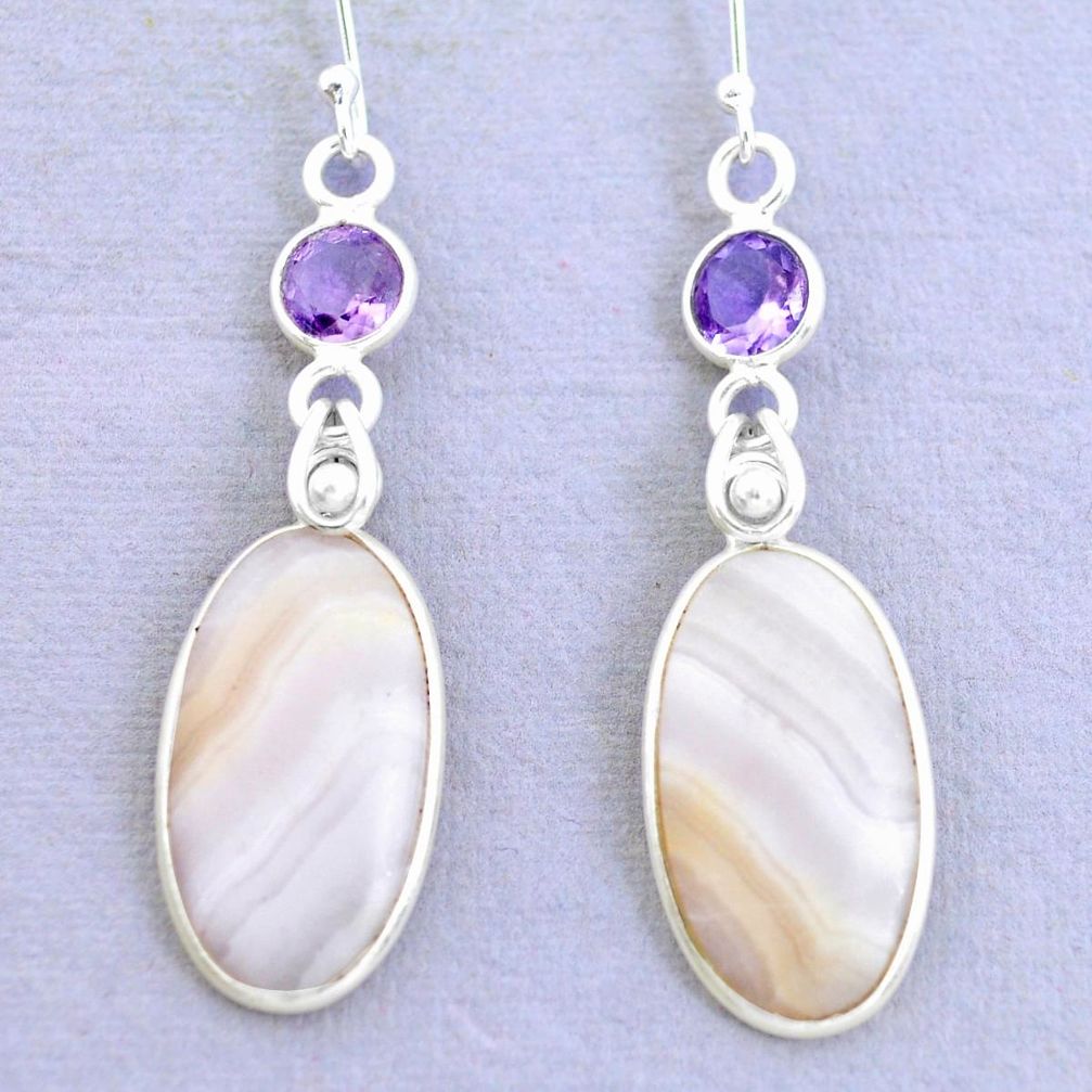 18.79cts natural pink lace agate amethyst 925 silver dangle earrings p24687