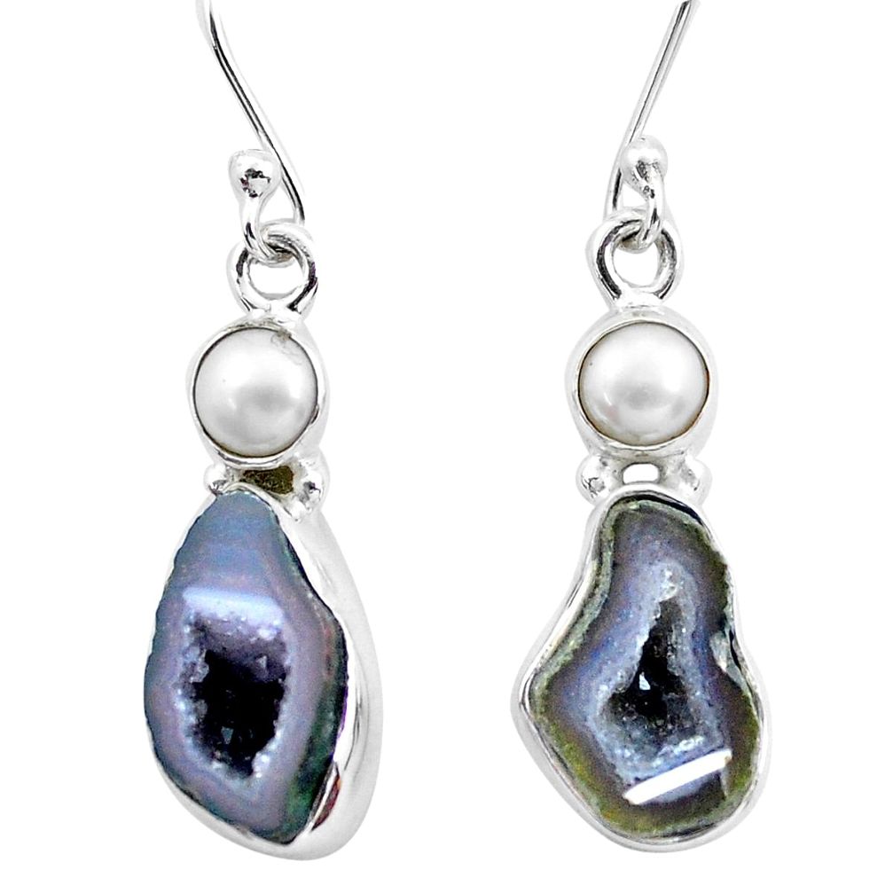 9.98cts natural brown geode druzy white pearl 925 silver dangle earrings p25644