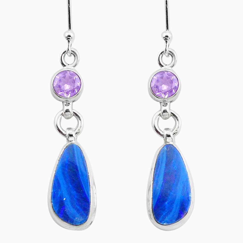 925 silver 10.39cts natural blue doublet opal australian dangle earrings p26024