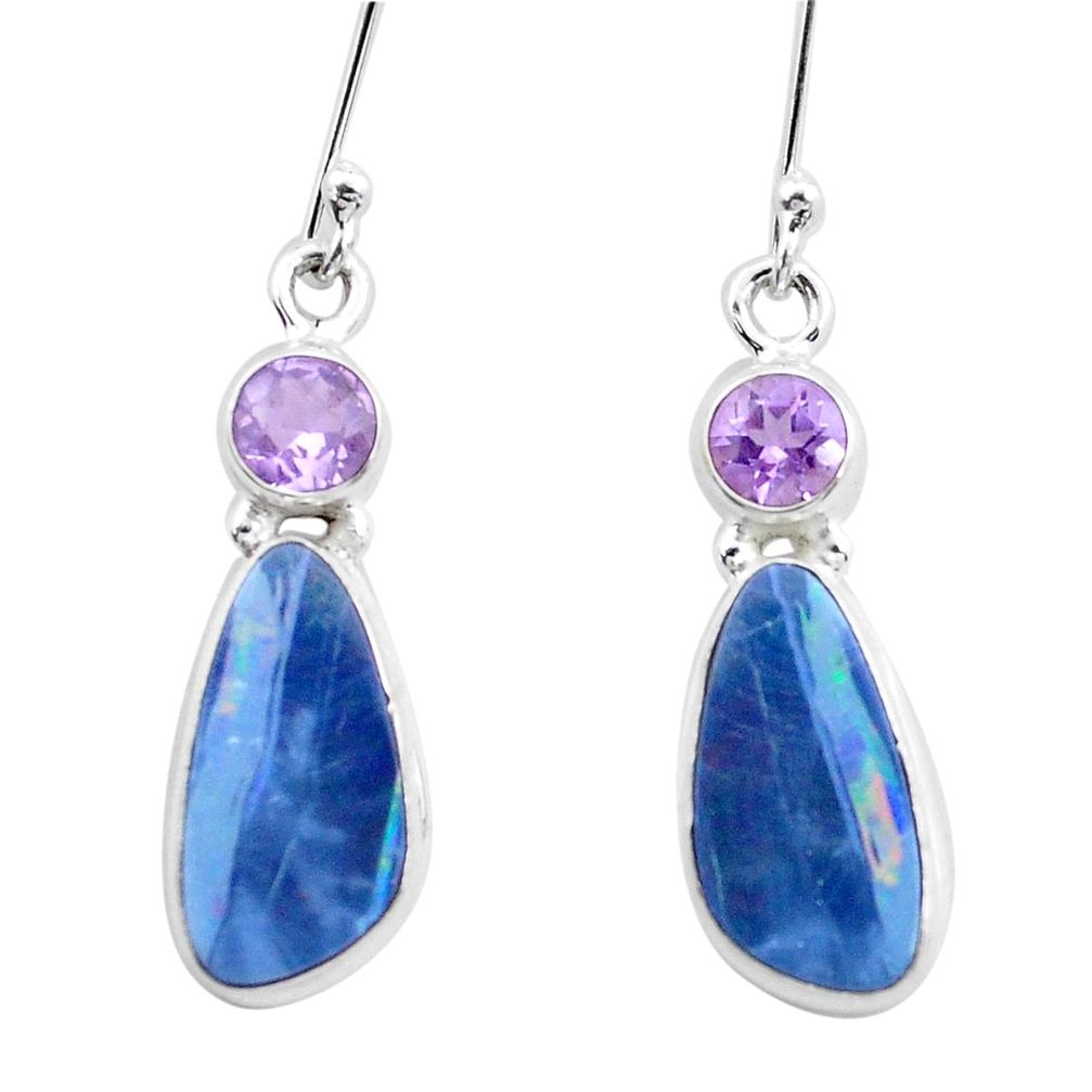 10.32cts natural blue doublet opal australian 925 silver dangle earrings p26031