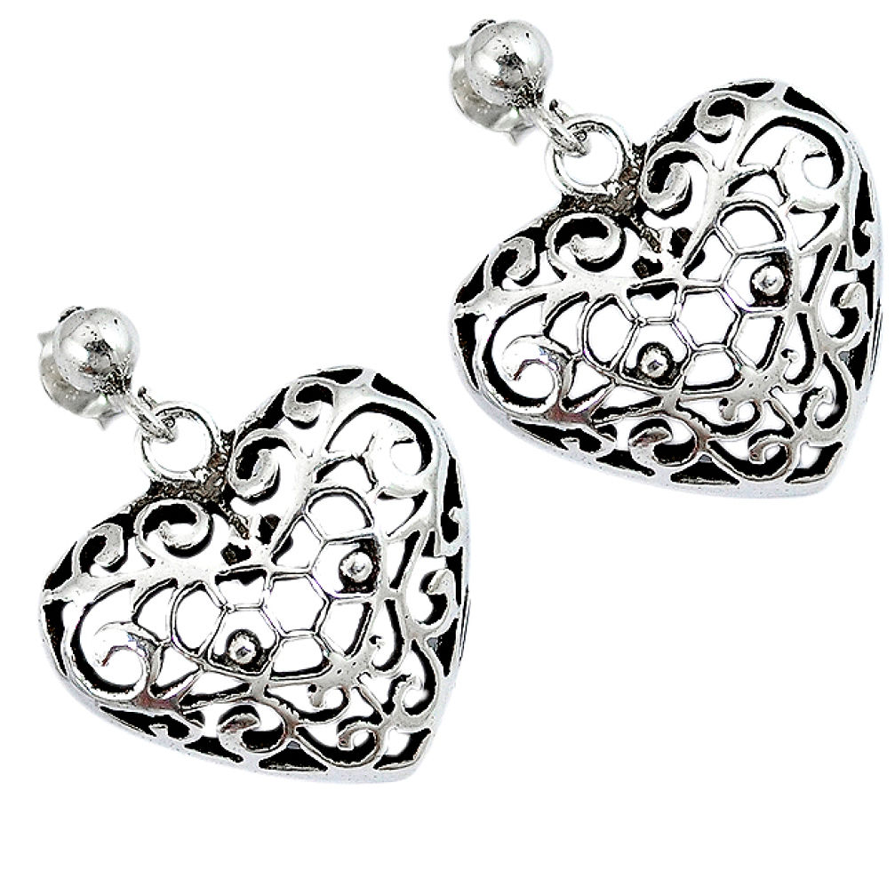 Indonesian bali style solid 925 sterling silver dangle heart earrings p2626