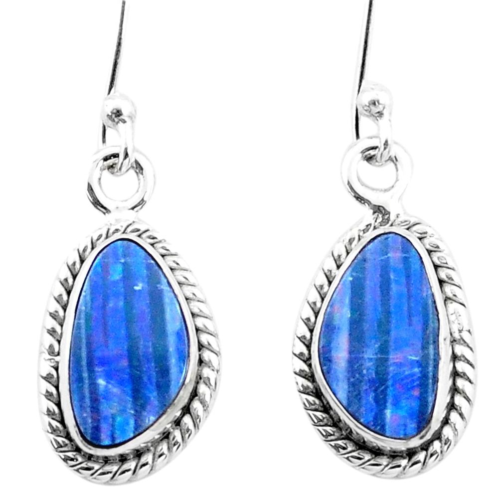6.26cts natural blue doublet opal australian 925 silver dangle earrings p26486
