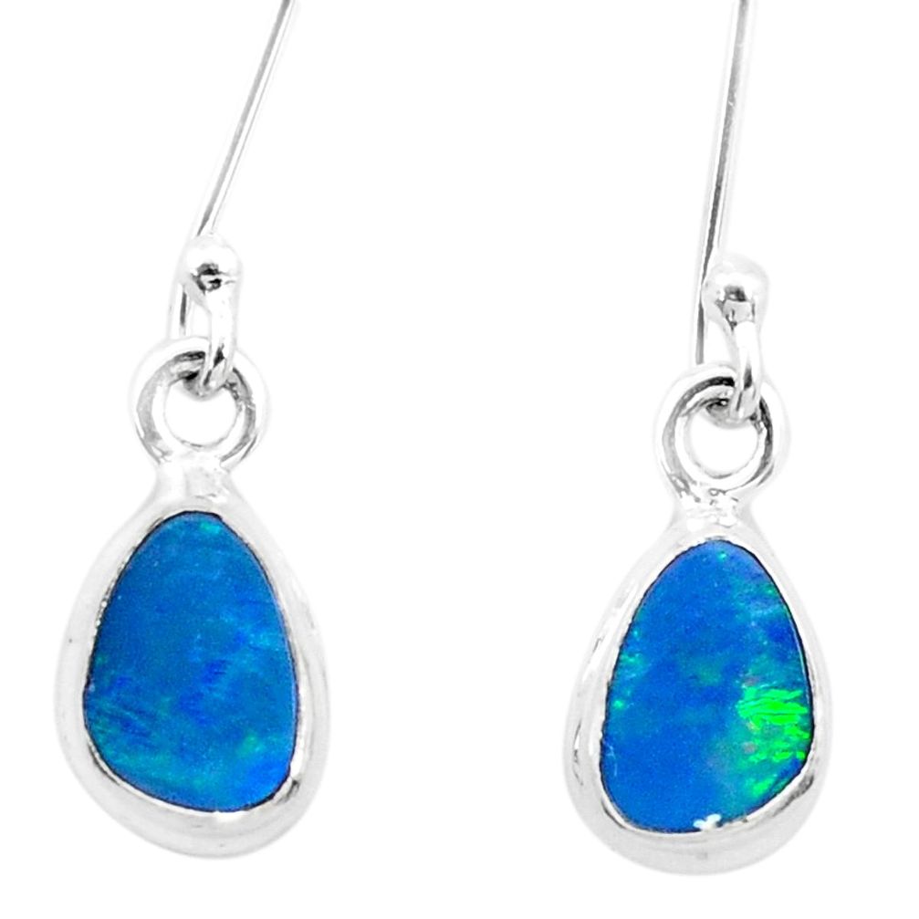 4.09cts natural blue doublet opal australian 925 silver dangle earrings p26495
