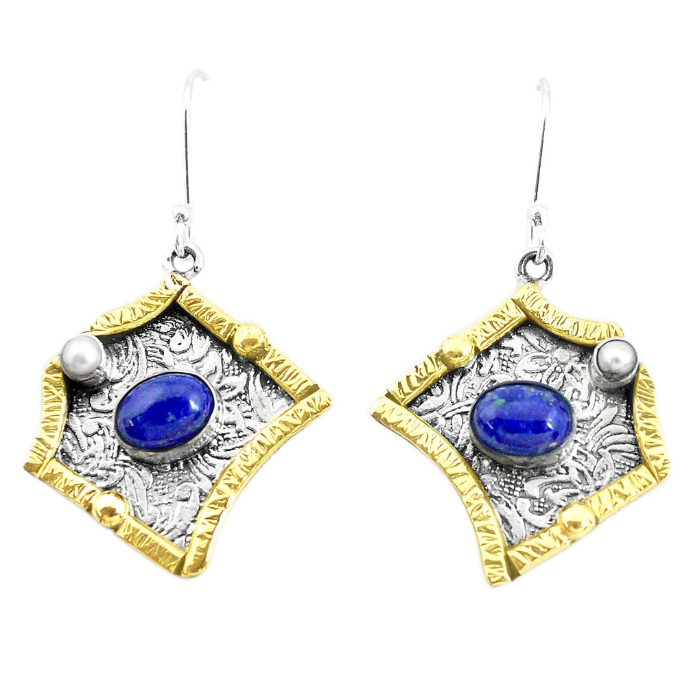 6.15cts victorian natural blue lapis lazuli 925 silver two tone earrings p26605