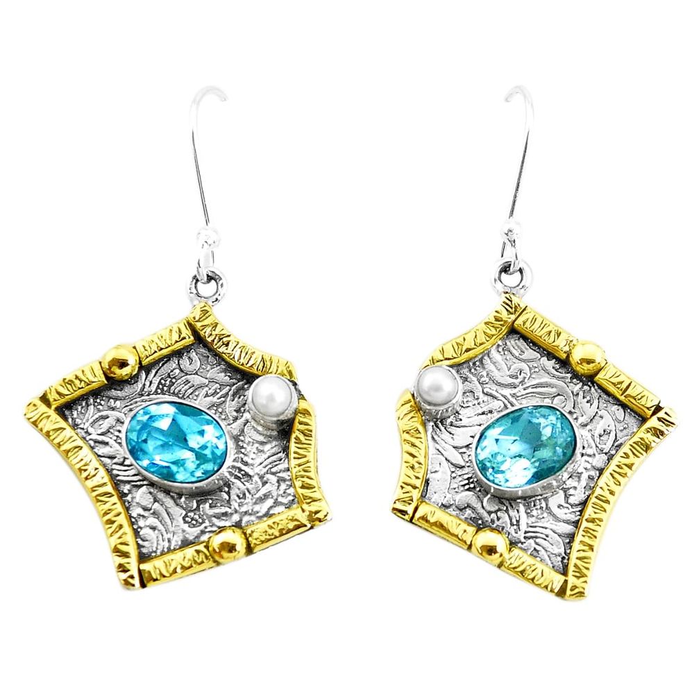 5.81cts victorian natural blue topaz 925 silver two tone dangle earrings p26607