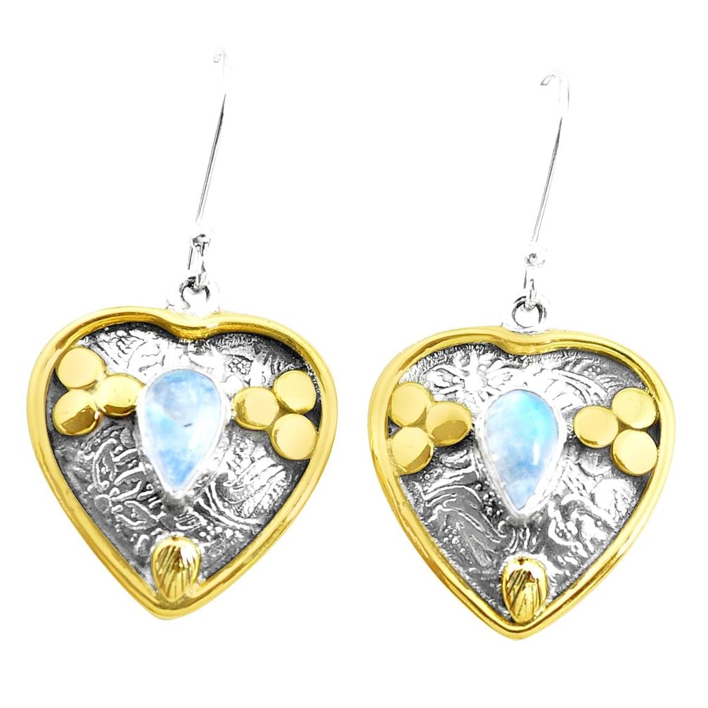 Victorian natural rainbow moonstone 925 silver two tone heart earrings p26678