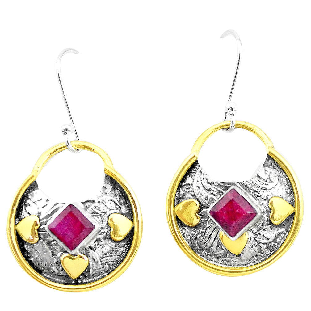 925 silver 3.53cts victorian natural red ruby two tone dangle earrings p26705
