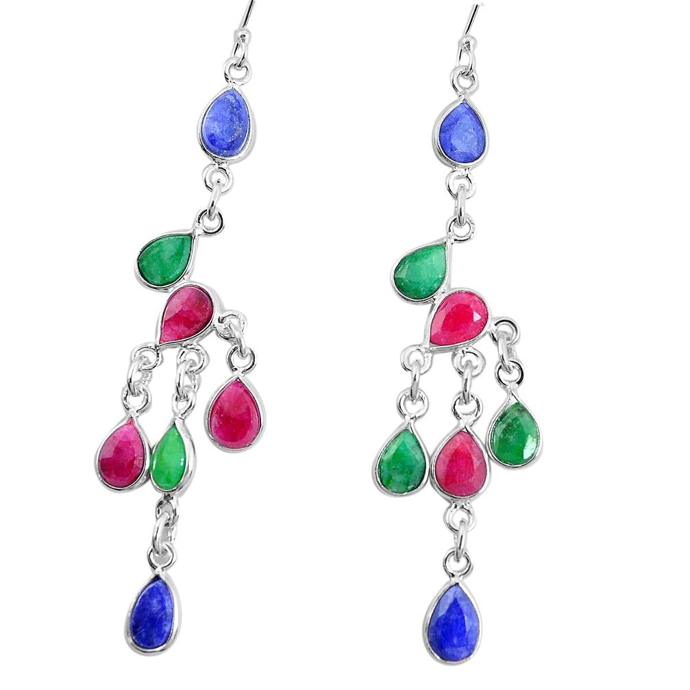 925 silver 16.73cts natural red ruby emerald sapphire chandelier earrings p27307