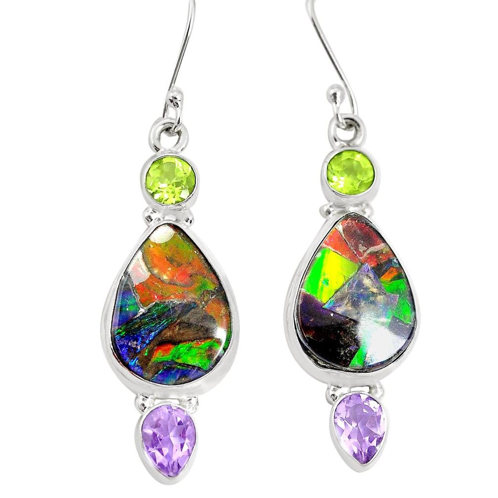 18.47cts natural multi color ammolite triplets 925 silver dangle earrings p28567