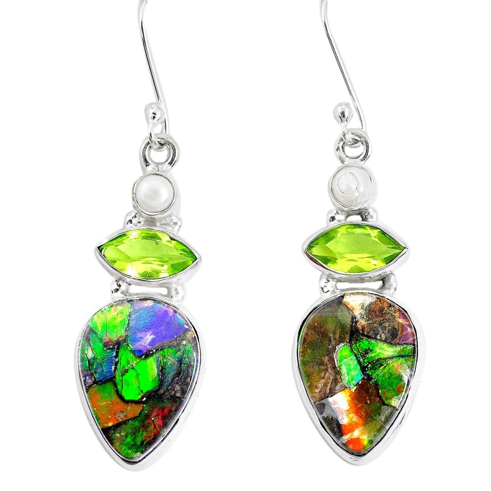 925 silver 20.45cts natural multi color ammolite triplets pearl earrings p28570