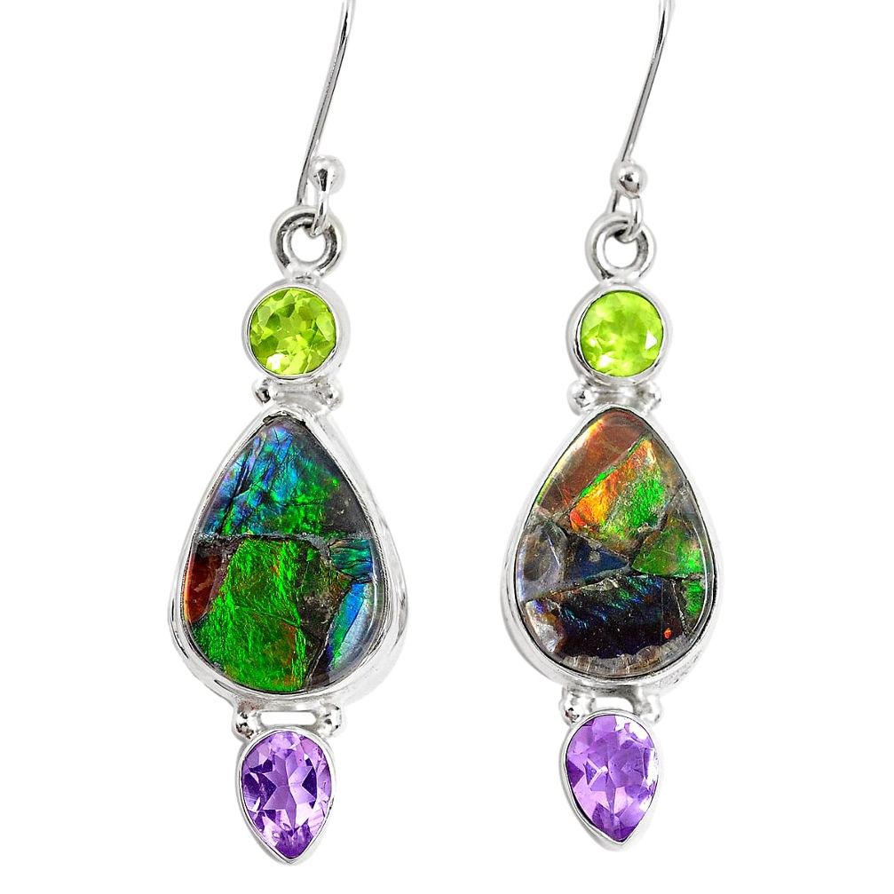 18.15cts natural multi color ammolite triplets 925 silver dangle earrings p28577