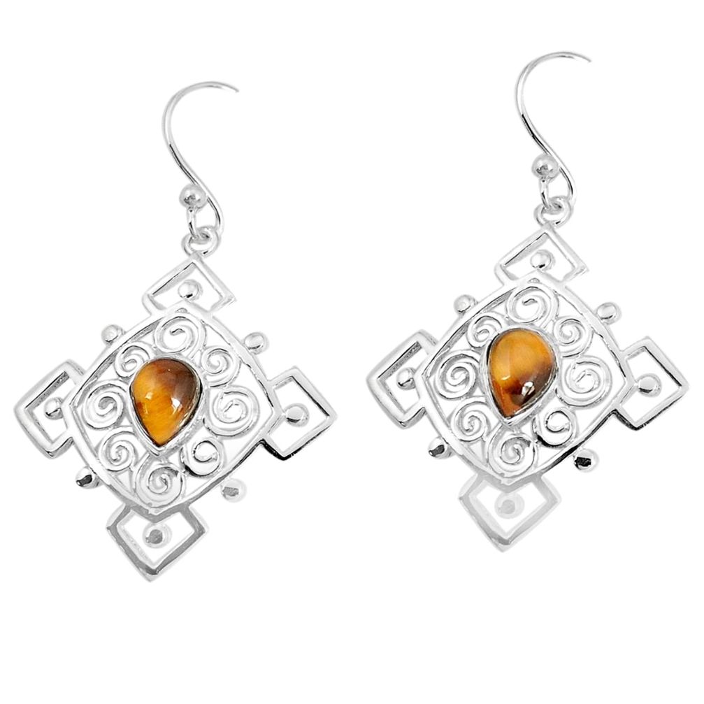 3.62cts natural brown tiger's eye 925 sterling silver dangle earrings p29210