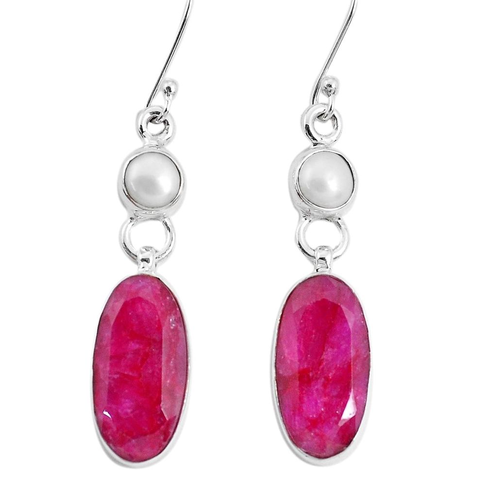 925 sterling silver 15.33cts natural red ruby white pearl dangle earrings p29311