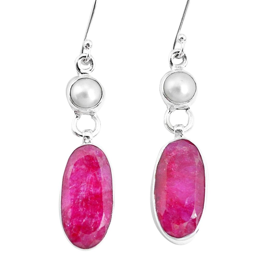 925 sterling silver 14.88cts natural red ruby white pearl dangle earrings p29318