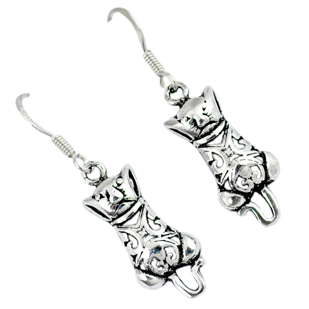 Indonesian bali style solid 925 sterling silver dangle cat charm earrings p2960