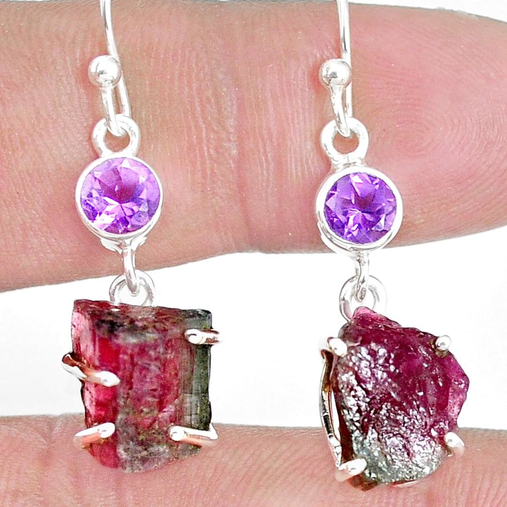 13.22cts natural watermelon tourmaline rough 925 silver dangle earrings p30185