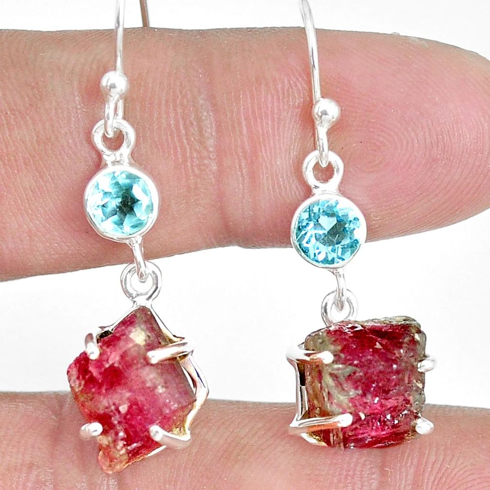 14.12cts natural watermelon tourmaline rough 925 silver dangle earrings p30189