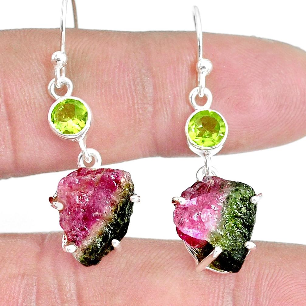 14.79cts natural watermelon tourmaline rough 925 silver dangle earrings p30195