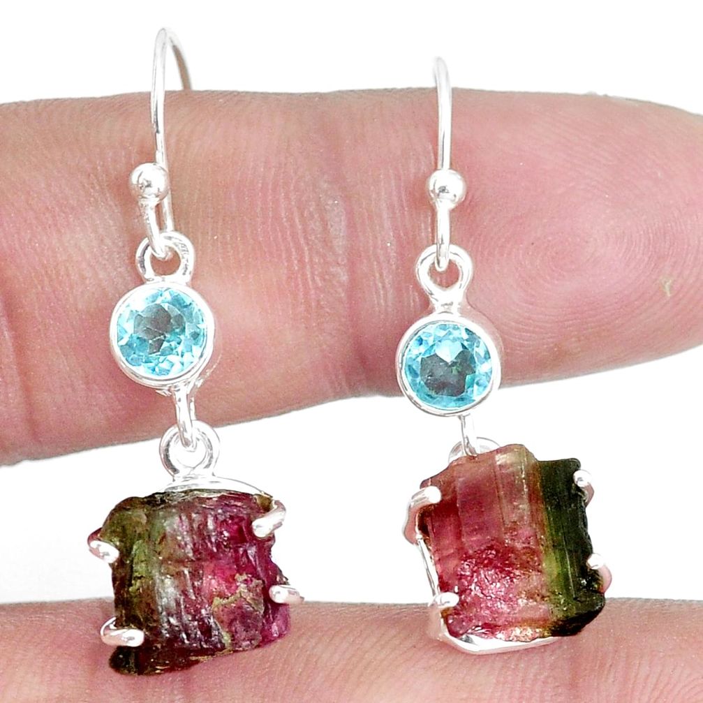 12.22cts natural watermelon tourmaline rough 925 silver dangle earrings p30199