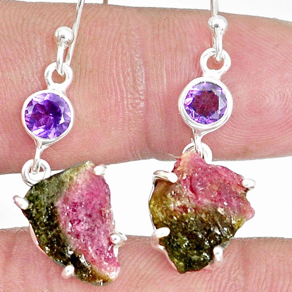 14.08cts natural watermelon tourmaline rough 925 silver dangle earrings p30201