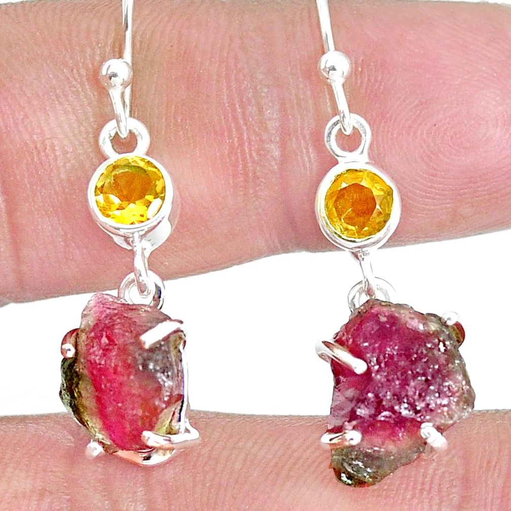 13.13cts natural watermelon tourmaline rough 925 silver dangle earrings p30216