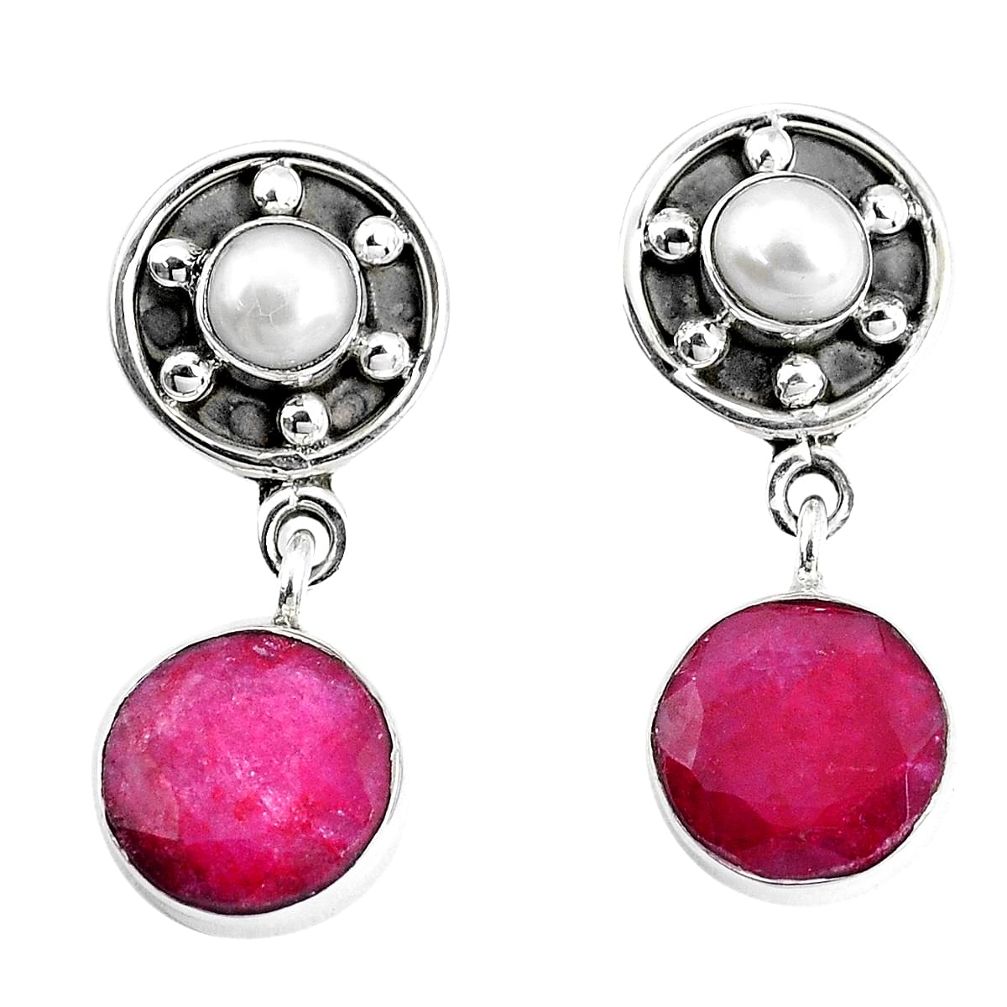 13.09cts natural red ruby pearl 925 sterling silver dangle earrings p30523